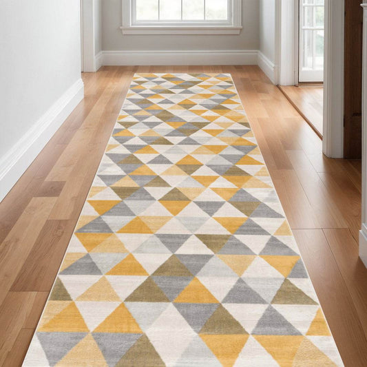 17' Runner Yellow Beige And Gray Geometric Runner Rug - Loft&Timber