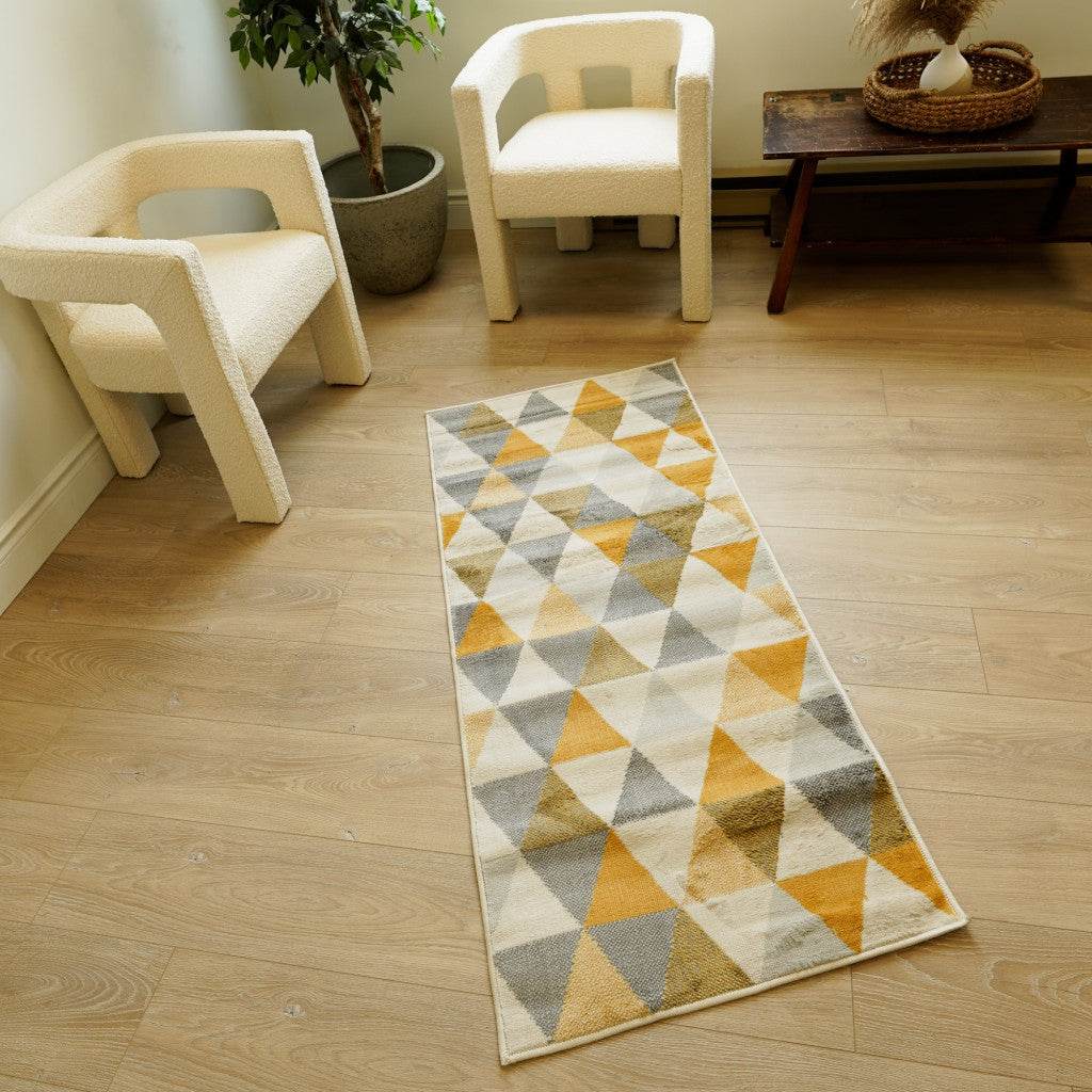 17' Runner Yellow Beige And Gray Geometric Runner Rug - Loft&Timber