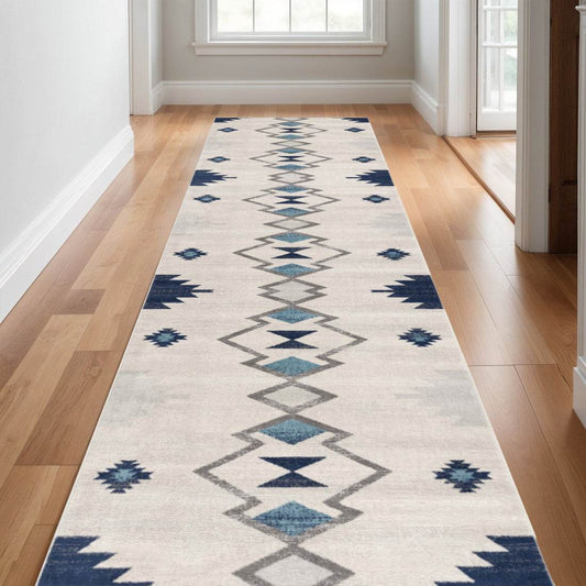 25' Runner Blue Beige And Gray Southwestern Runner Rug - Loft&Timber