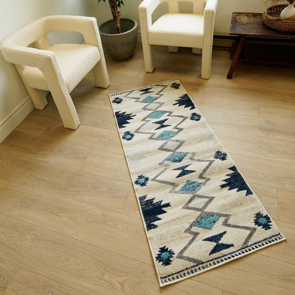 17' Runner Blue Beige And Gray Southwestern Runner Rug - Loft&Timber
