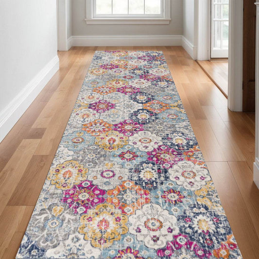 25' Runner Rust Gray And Sky Blue Floral Runner Rug - Loft&Timber