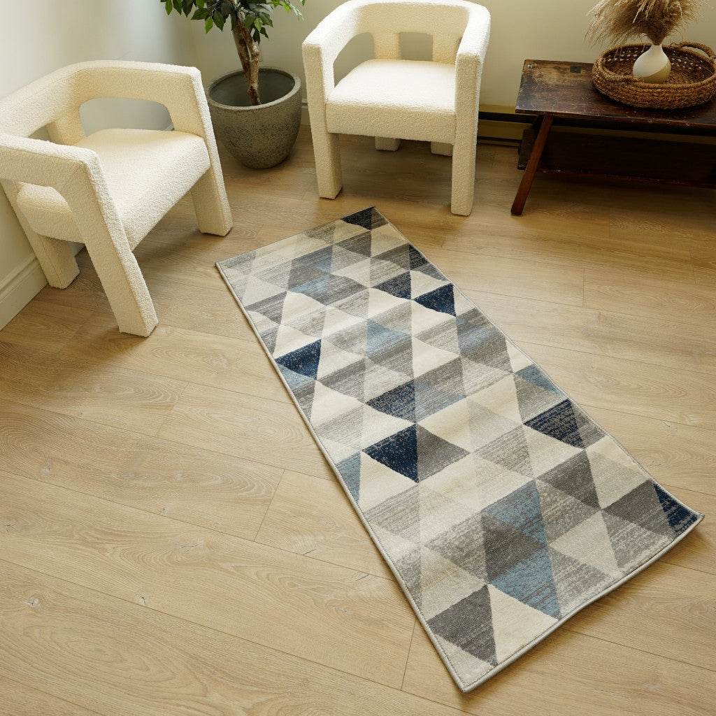 17' Runner Blue Beige And Gray Geometric Runner Rug - Loft&Timber