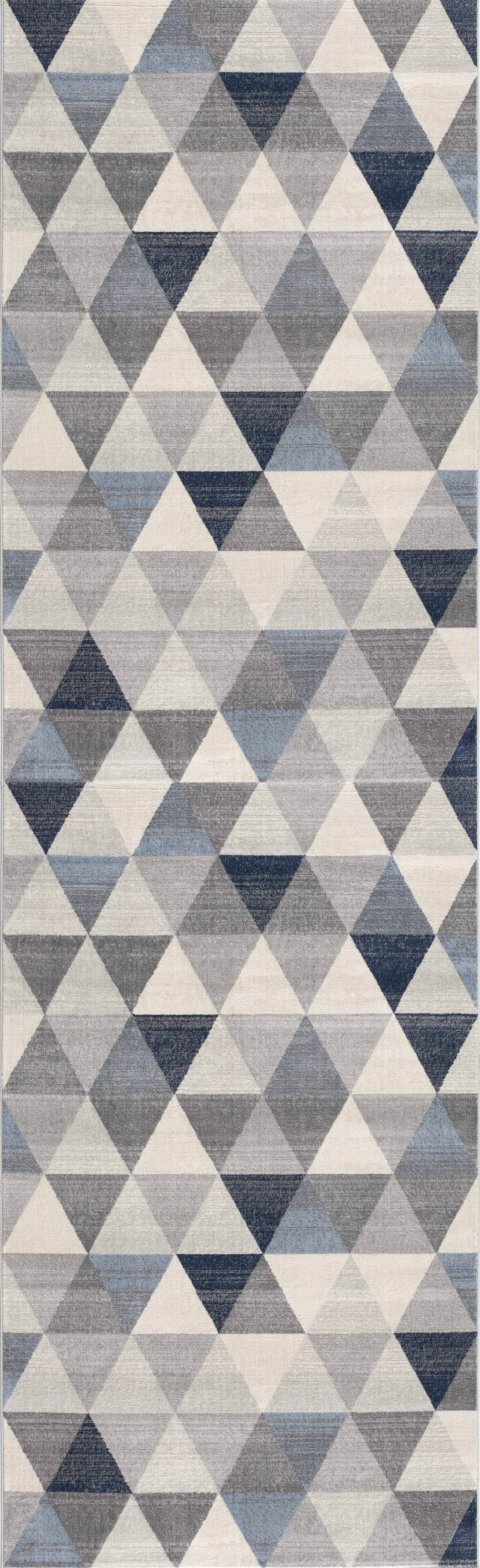 17' Runner Blue Beige And Gray Geometric Runner Rug - Loft&Timber