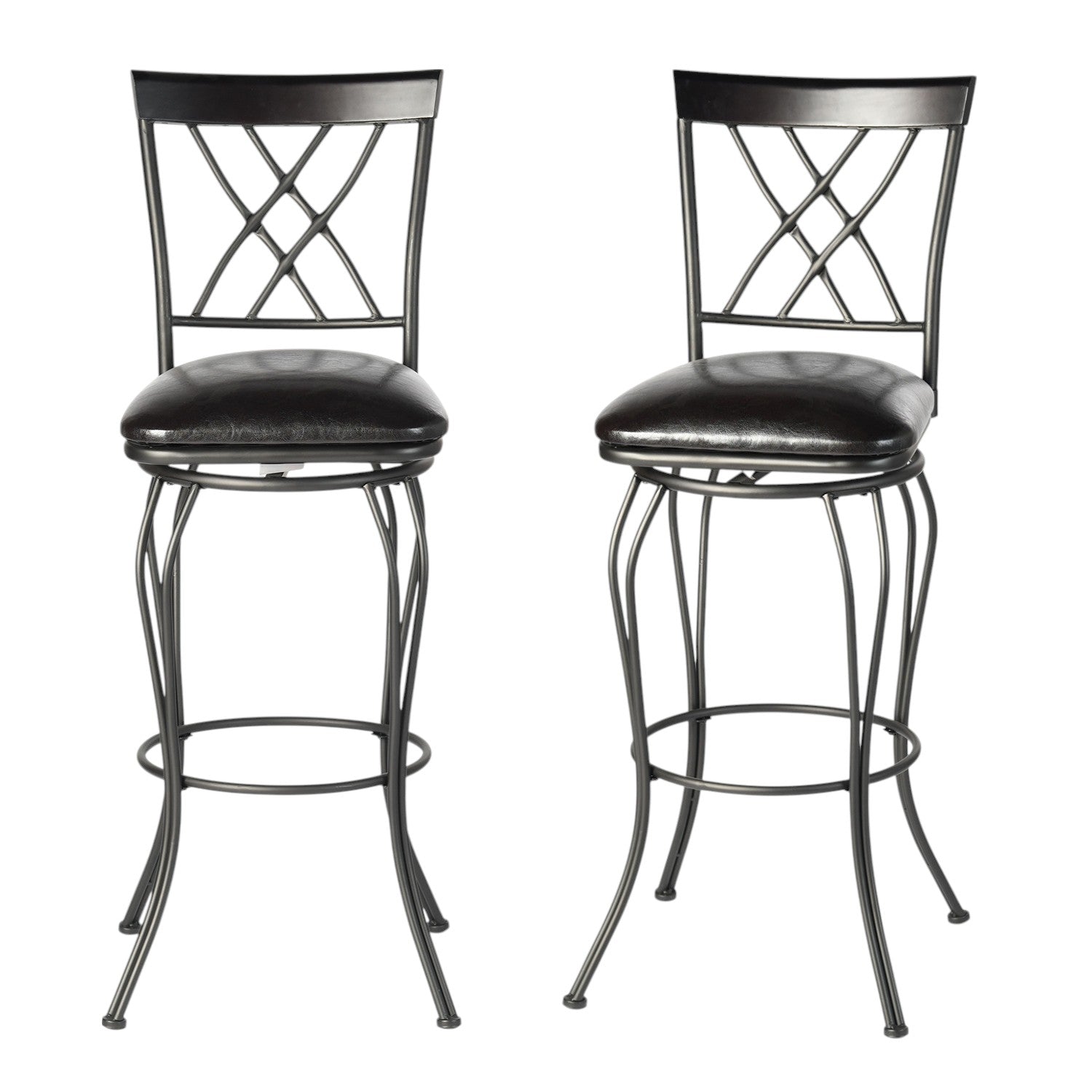 Set of Two 30" Black Faux Leather and Iron Bar Height Swivel Bar Chairs - Loft&Timber