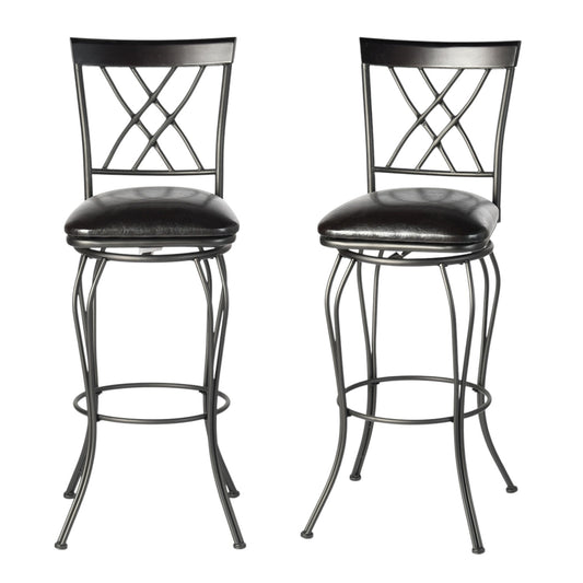 Set of Two 30" Black Faux Leather and Iron Bar Height Swivel Bar Chairs - Loft&Timber