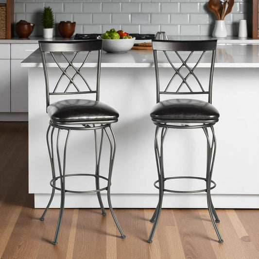 Set of Two 30" Black Faux Leather and Iron Bar Height Swivel Bar Chairs - Loft&Timber