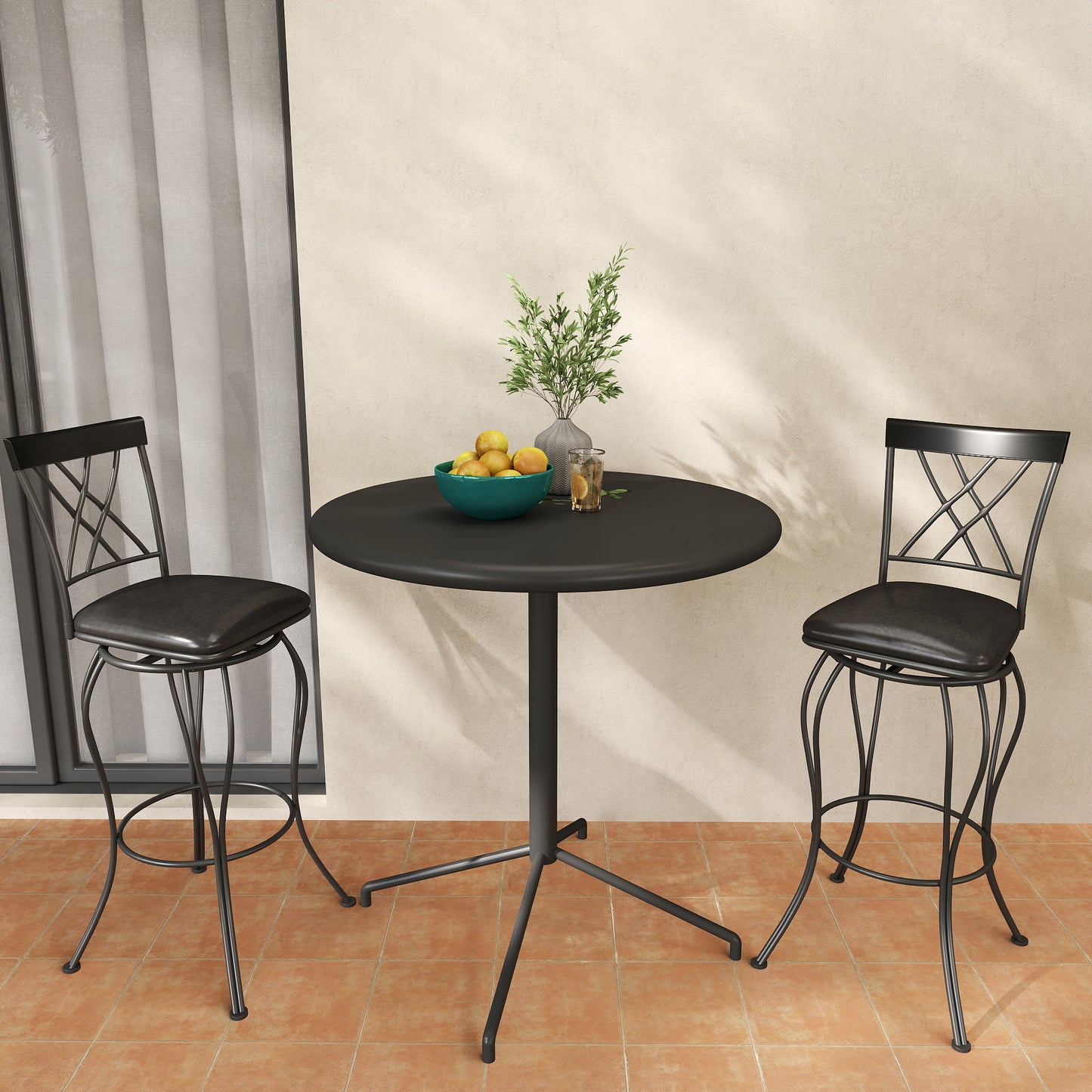Set of Two 30" Black Faux Leather and Iron Bar Height Swivel Bar Chairs - Loft&Timber
