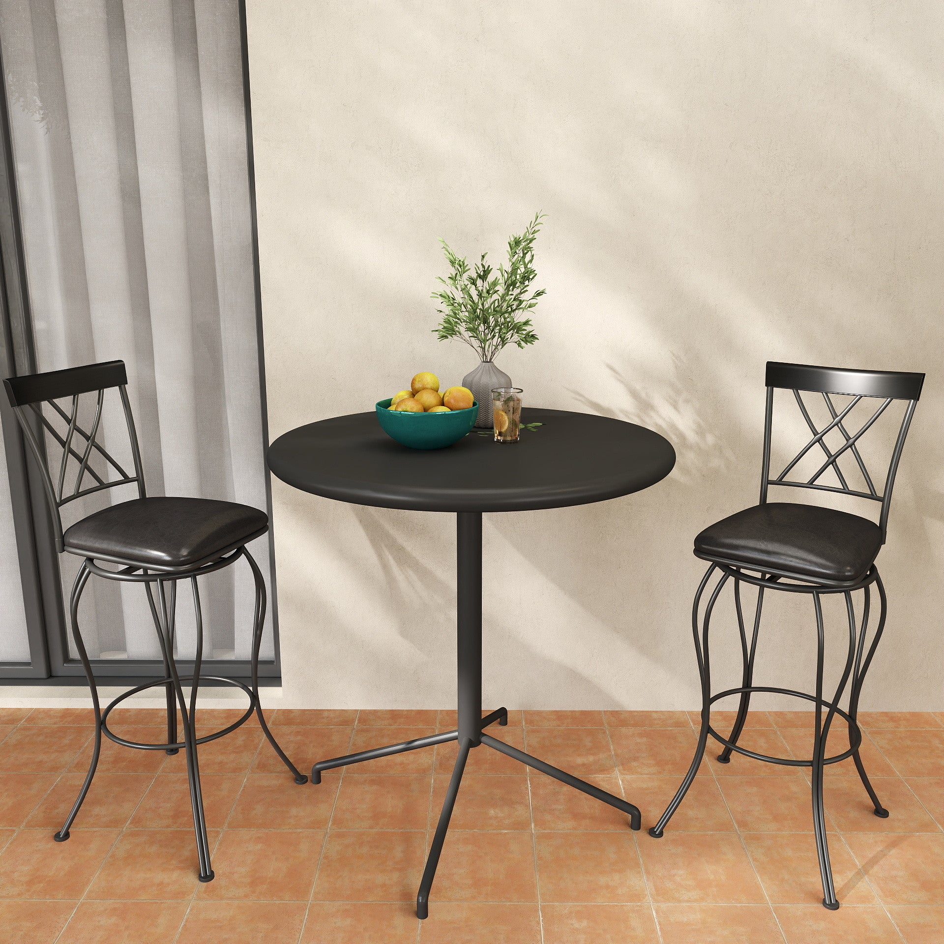 Set of Two 30" Black Faux Leather and Iron Bar Height Swivel Bar Chairs - Loft&Timber