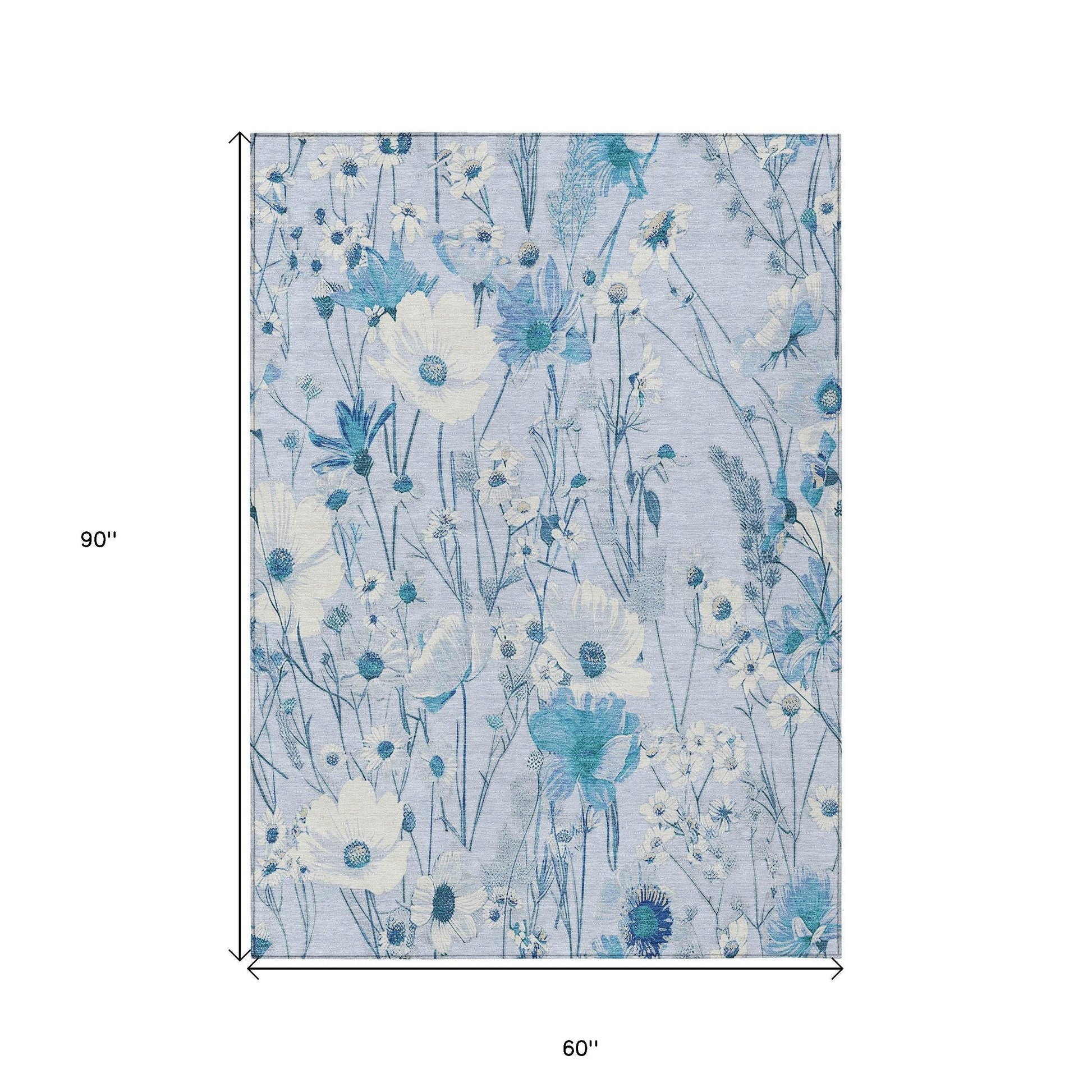 5' X 8' Sky Blue And Denim Blue Floral Washable Indoor Outdoor Area Rug - Loft&Timber
