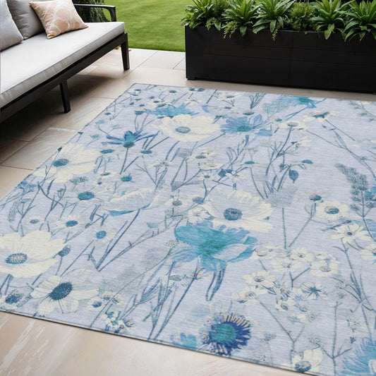 5' X 8' Sky Blue And Denim Blue Floral Washable Indoor Outdoor Area Rug - Loft&Timber