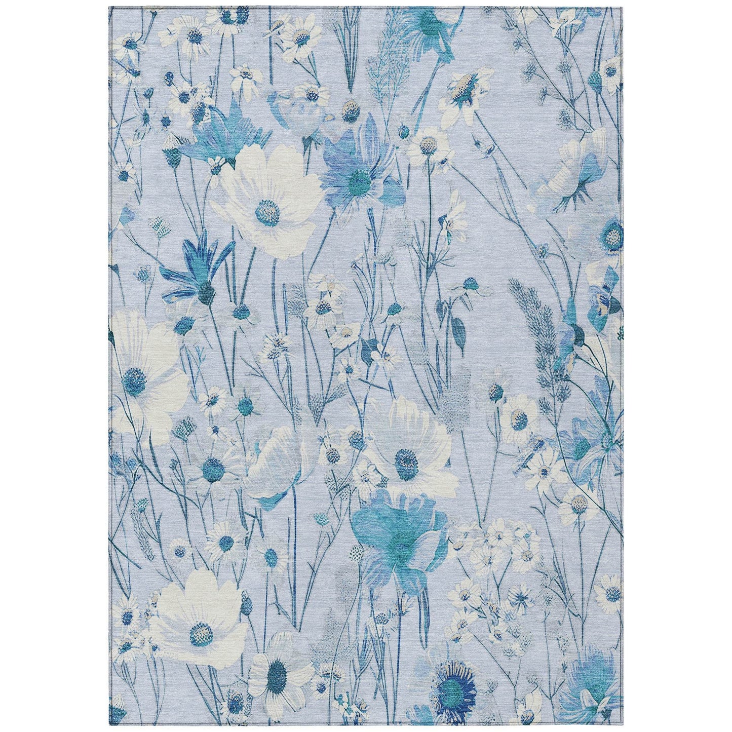 5' X 8' Sky Blue And Denim Blue Floral Washable Indoor Outdoor Area Rug - Loft&Timber