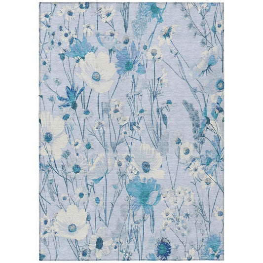 5' X 8' Sky Blue And Denim Blue Floral Washable Indoor Outdoor Area Rug - Loft&Timber