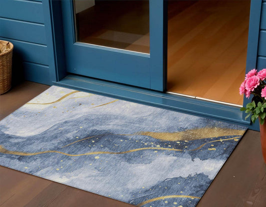 3' X 5' Blue And Gold Abstract Washable Indoor Outdoor Area Rug - Loft&Timber