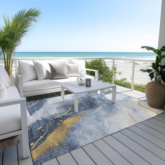 3' X 5' Blue And Gold Abstract Washable Indoor Outdoor Area Rug - Loft&Timber