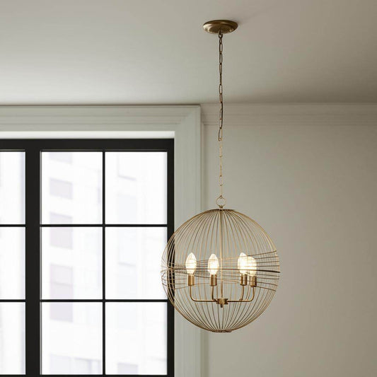 Gold Caged Six Light Metal and Glass Dimmable Chandelier With Gold Shades - Loft&Timber