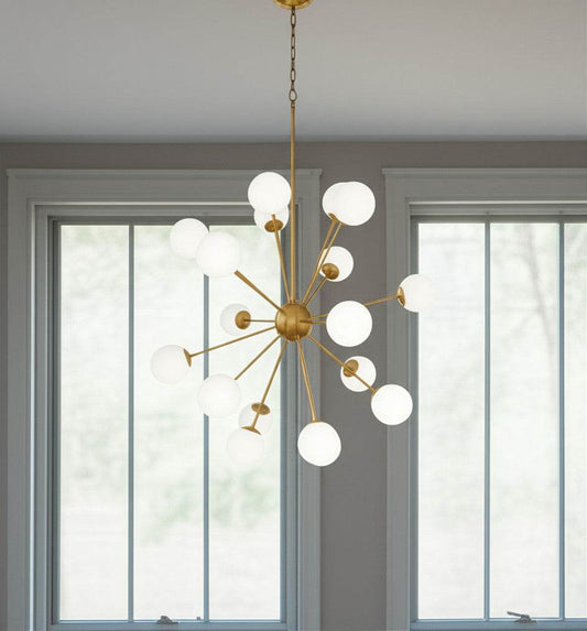 Gold Sputnik Multi Light Frosted Metal and Glass Dimmable Chandelier With White Shades - Loft&Timber