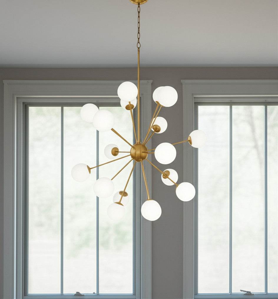 Gold Sputnik Multi Light Frosted Metal and Glass Dimmable Chandelier With White Shades - Loft&Timber