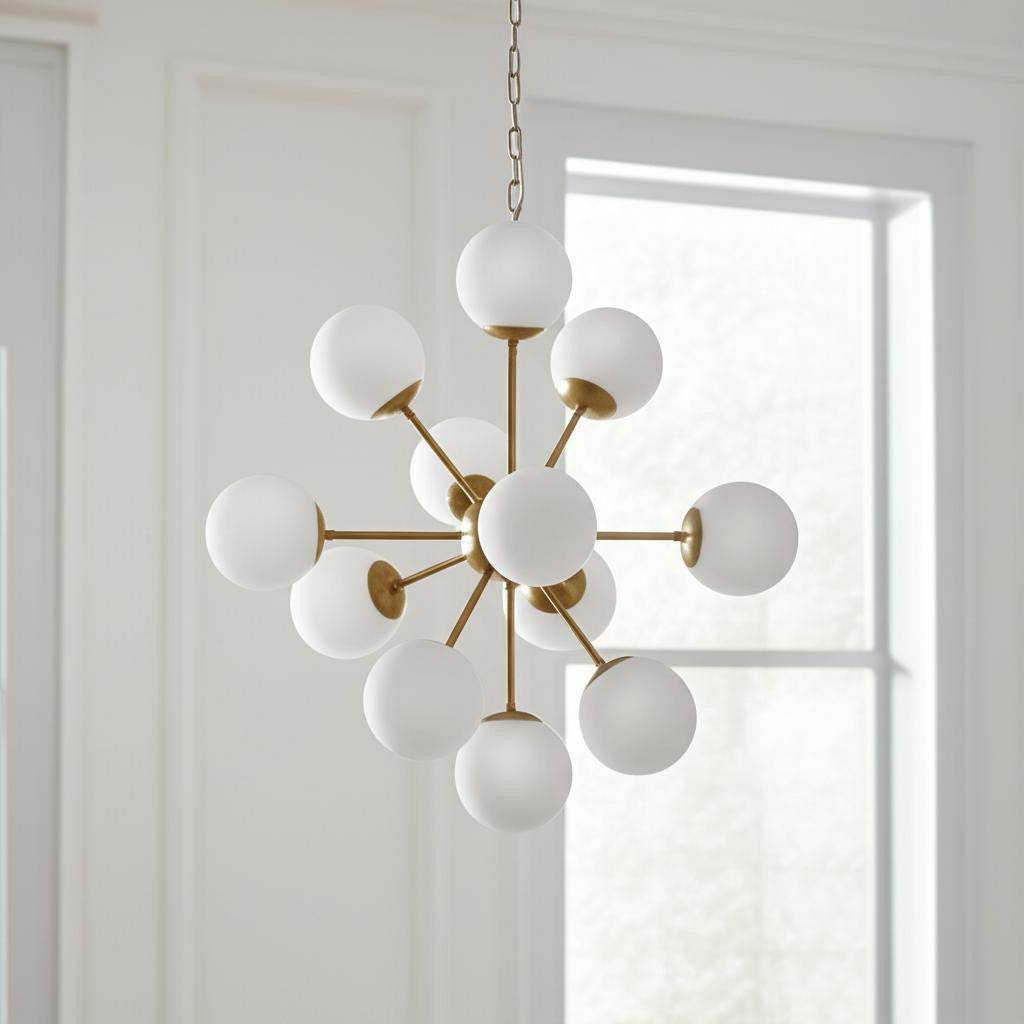 Gold Sputnik Eleven Light Frosted Metal and Glass Dimmable Chandelier With White Shades - Loft&Timber