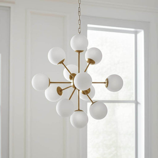 Gold Sputnik Eleven Light Frosted Metal and Glass Dimmable Chandelier With White Shades - Loft&Timber