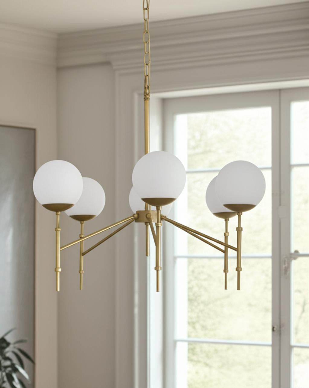 Gold Sputnik Six Light Frosted Metal and Glass Dimmable Chandelier With White Shades - Loft&Timber
