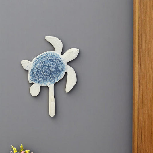 4" Blue And White Cast Iron Turtle Wall Hook-0