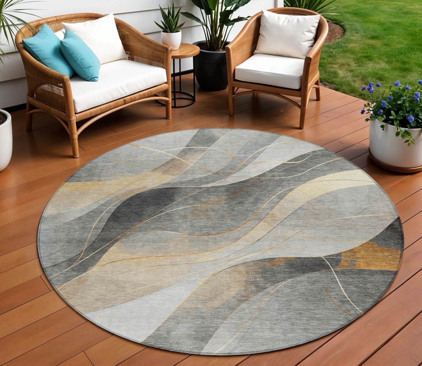 8' Gray Silver And Rust Round Abstract Washable Indoor Outdoor Area Rug - Loft&Timber