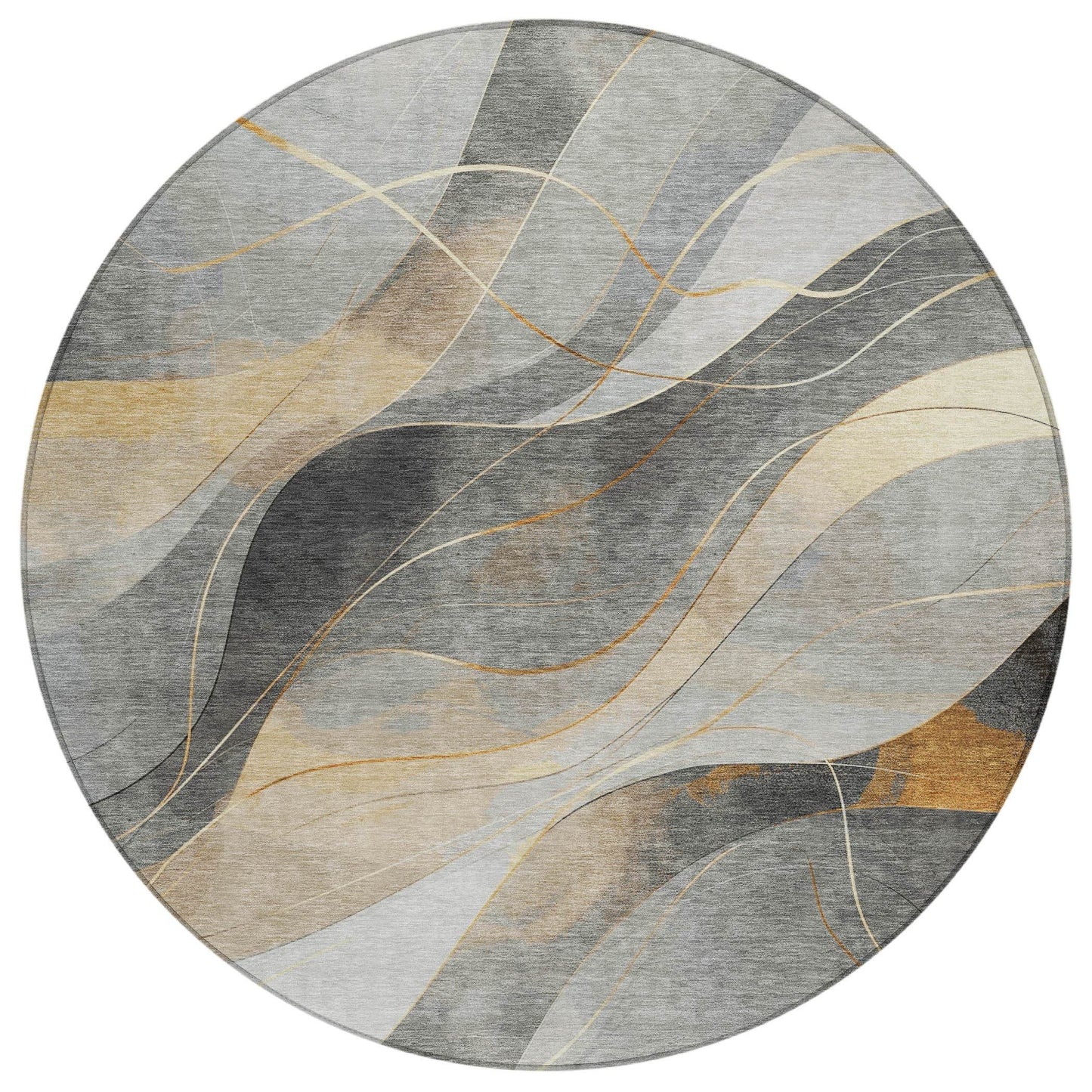 8' Gray Silver And Rust Round Abstract Washable Indoor Outdoor Area Rug - Loft&Timber