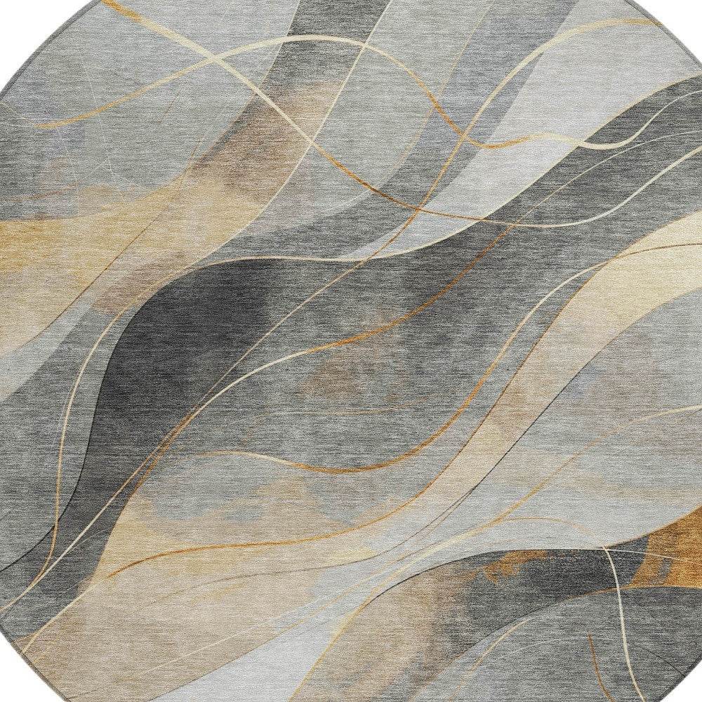 8' Gray Silver And Rust Round Abstract Washable Indoor Outdoor Area Rug - Loft&Timber