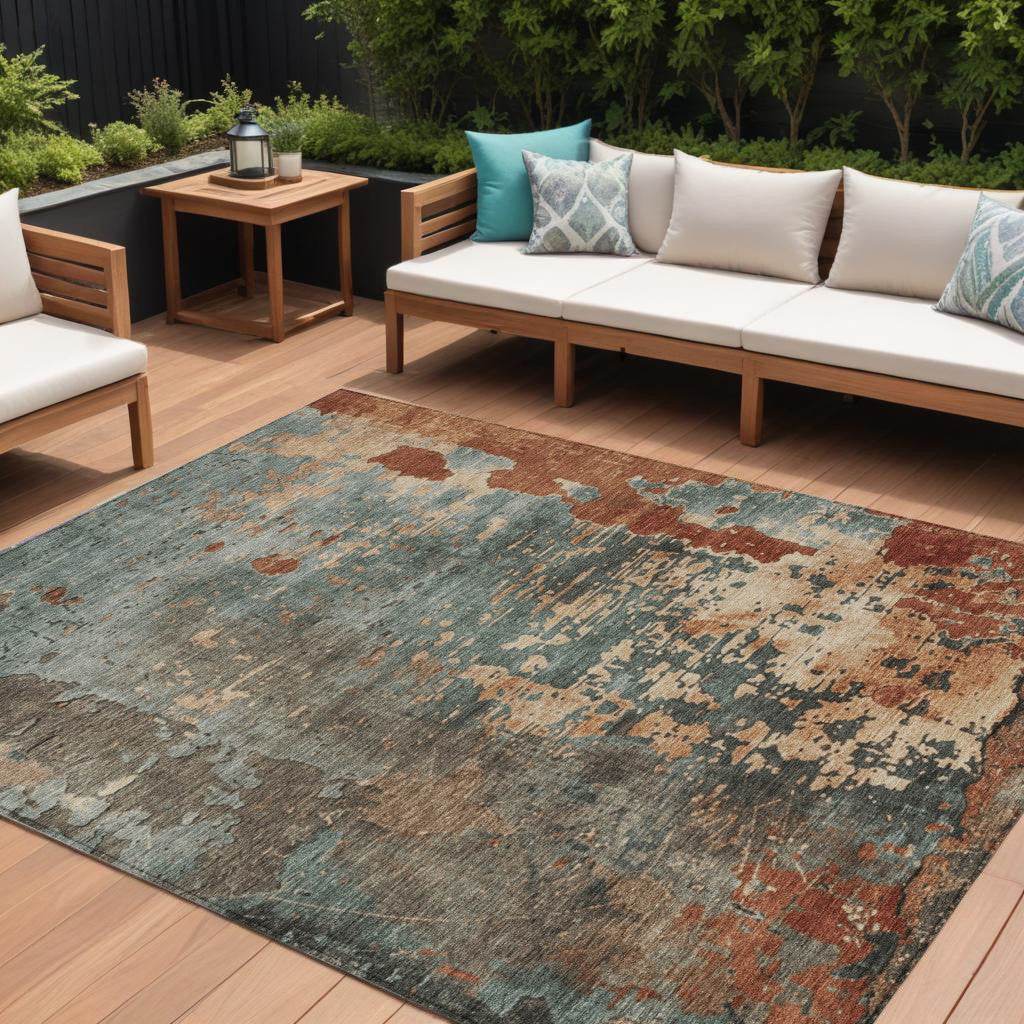 8' X 10' Pale Aqua Copper And Beige Abstract Washable Indoor Outdoor Area Rug - Loft&Timber