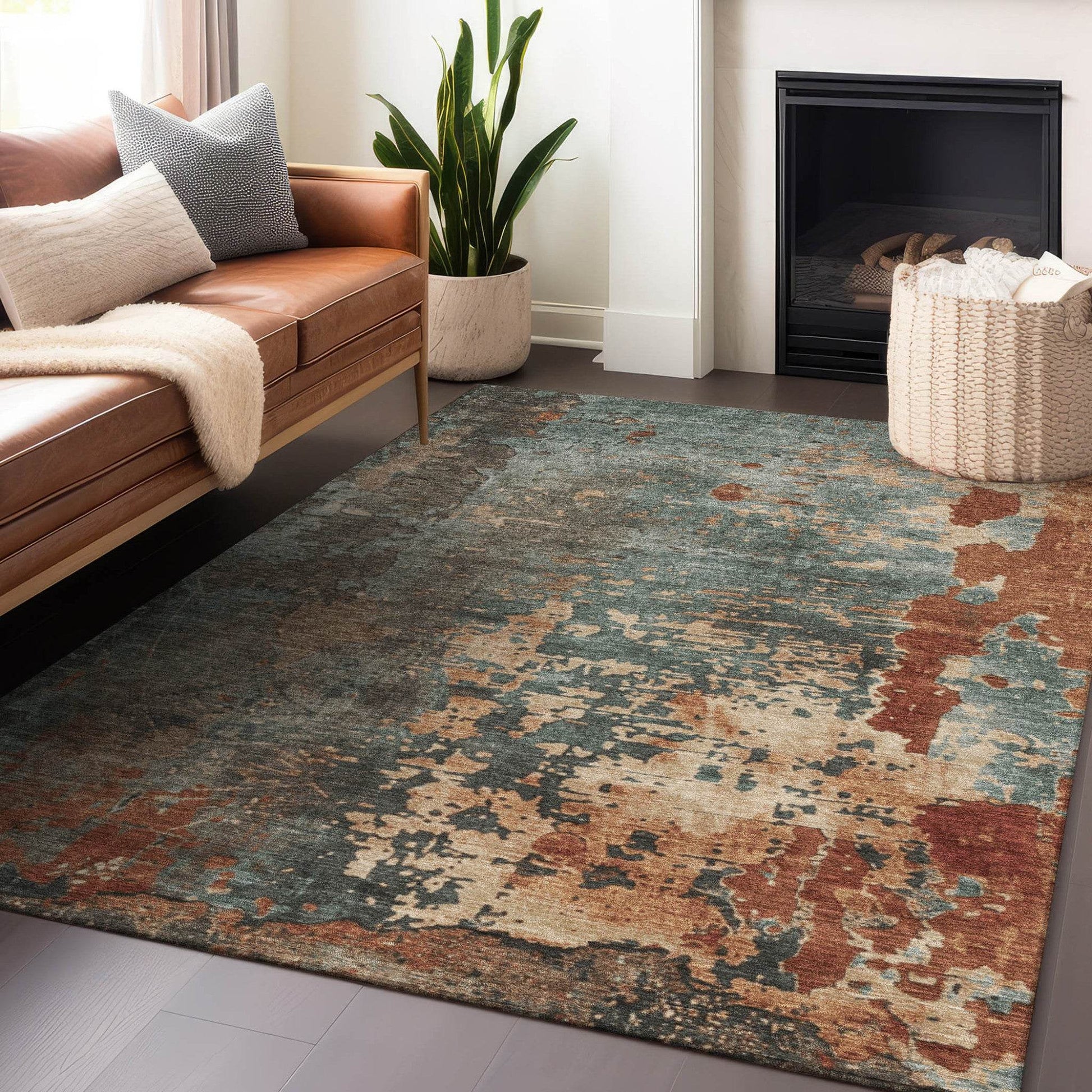 8' X 10' Pale Aqua Copper And Beige Abstract Washable Indoor Outdoor Area Rug - Loft&Timber