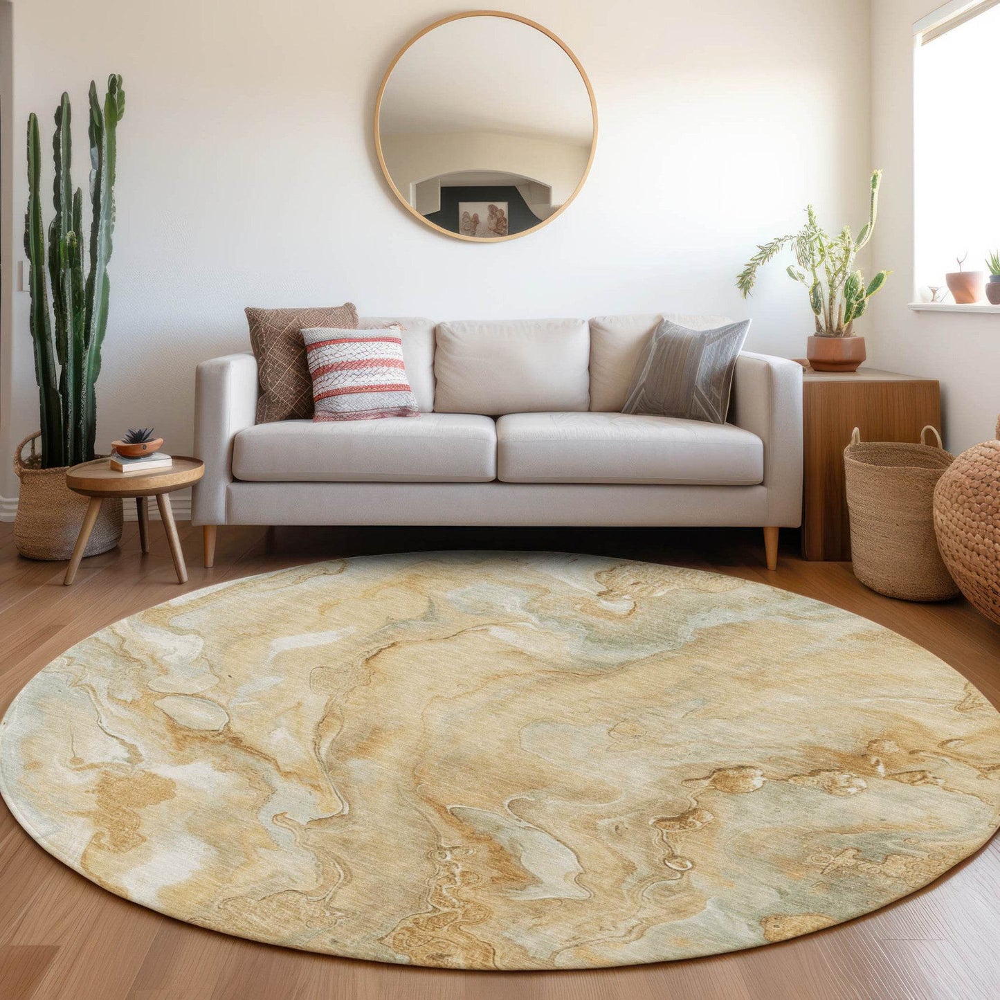 8' Gold And Silver Round Abstract Washable Indoor Outdoor Area Rug - Loft&Timber