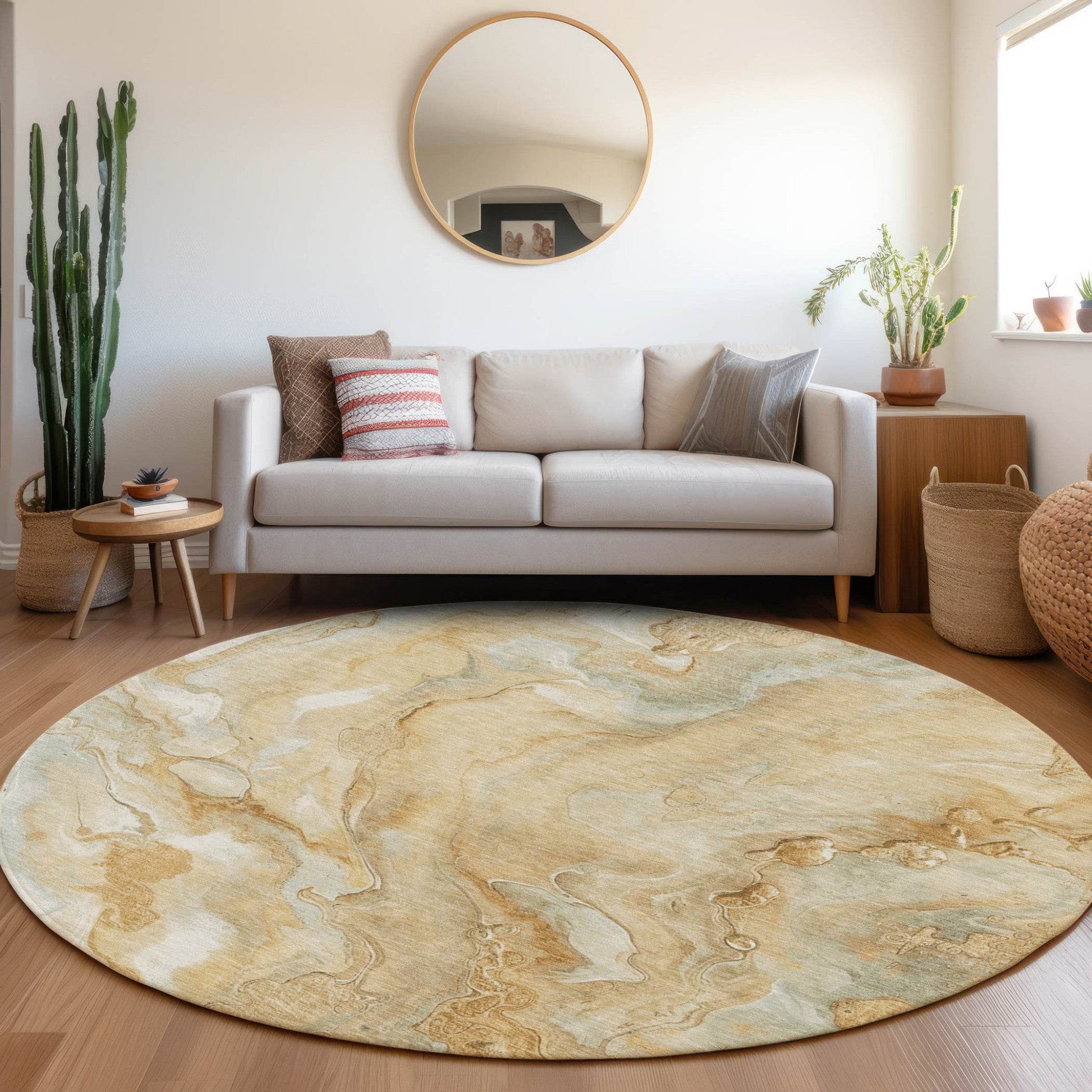 8' Gold And Silver Round Abstract Washable Indoor Outdoor Area Rug - Loft&Timber
