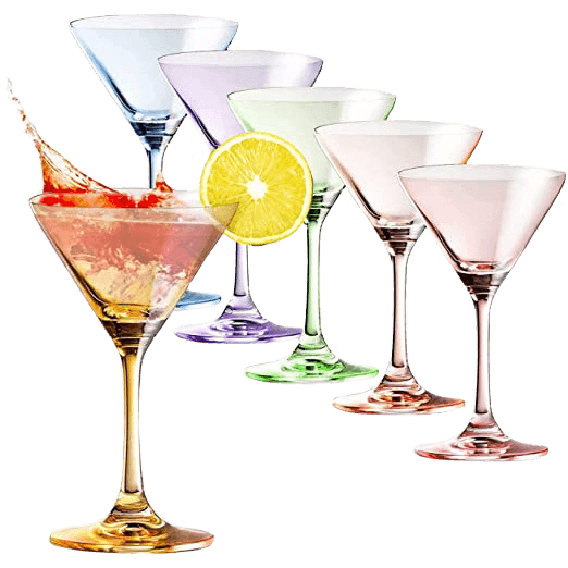 Martini Glasses Set of 6 | 8oz | Crystal Luxury Martini Glass - Elegant Colors - Premium Hand-Blown | Art Deco Cocktail Colored Coupes For Manhattan, Cosmopolitan, Sidecar, Speakeasy - Stemmed Goblets - Loft&Timber