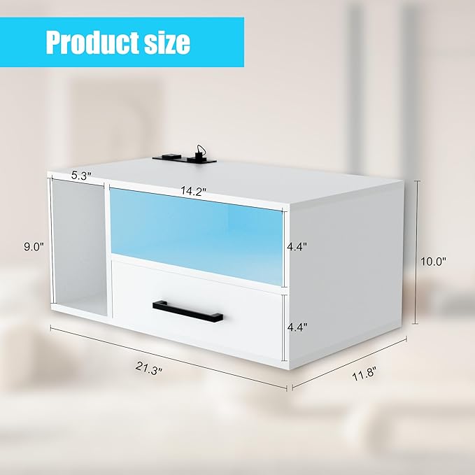 Floating Nightstand With Charging Station And Led Light Strips, 21.3"" Night Stand With Drawers, Floating Bedside With Usb