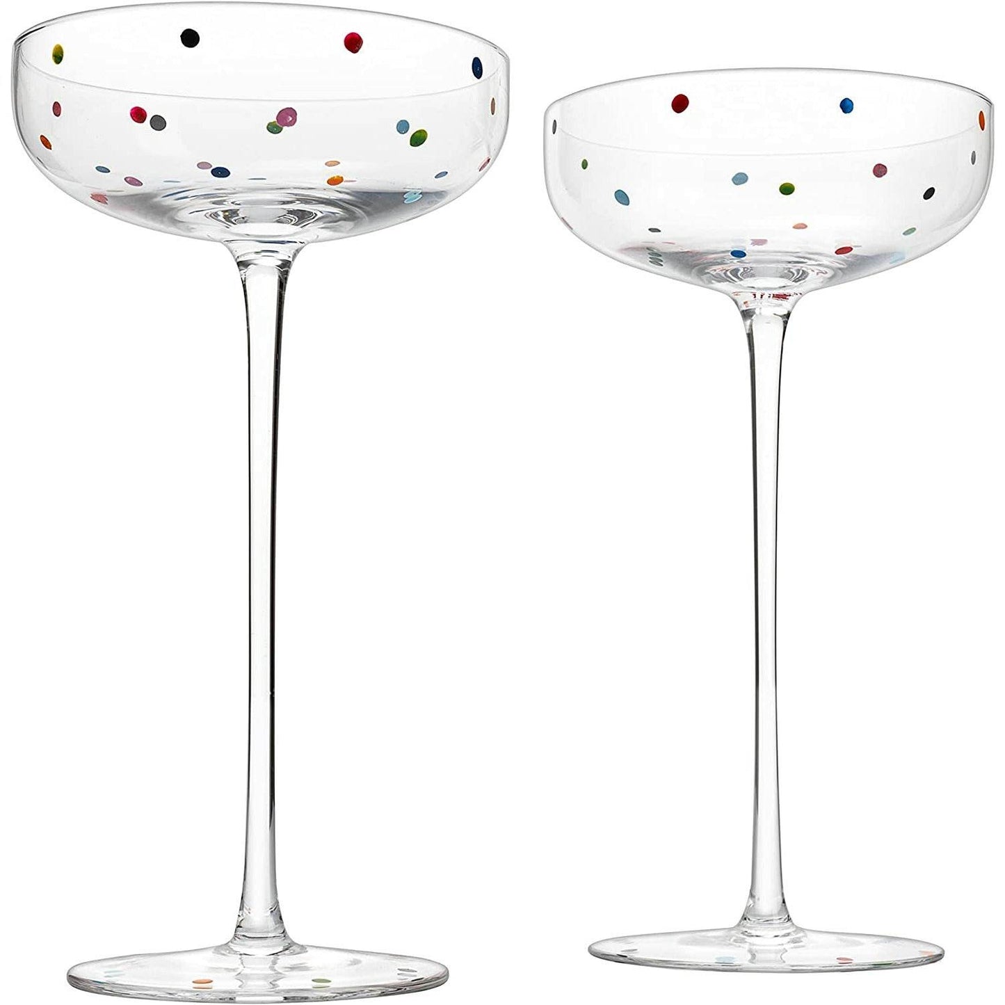 Polka Dot Champagne Coupe Glasses Set of 2 8.8 oz by The Wine Savant - Polka Dot Rainbow Colored Glasses, Cocktail Glassware, Polka Dot Gifts Damien Hirst, Gift Idea For Everyday, Weddings, Parties - Loft&Timber