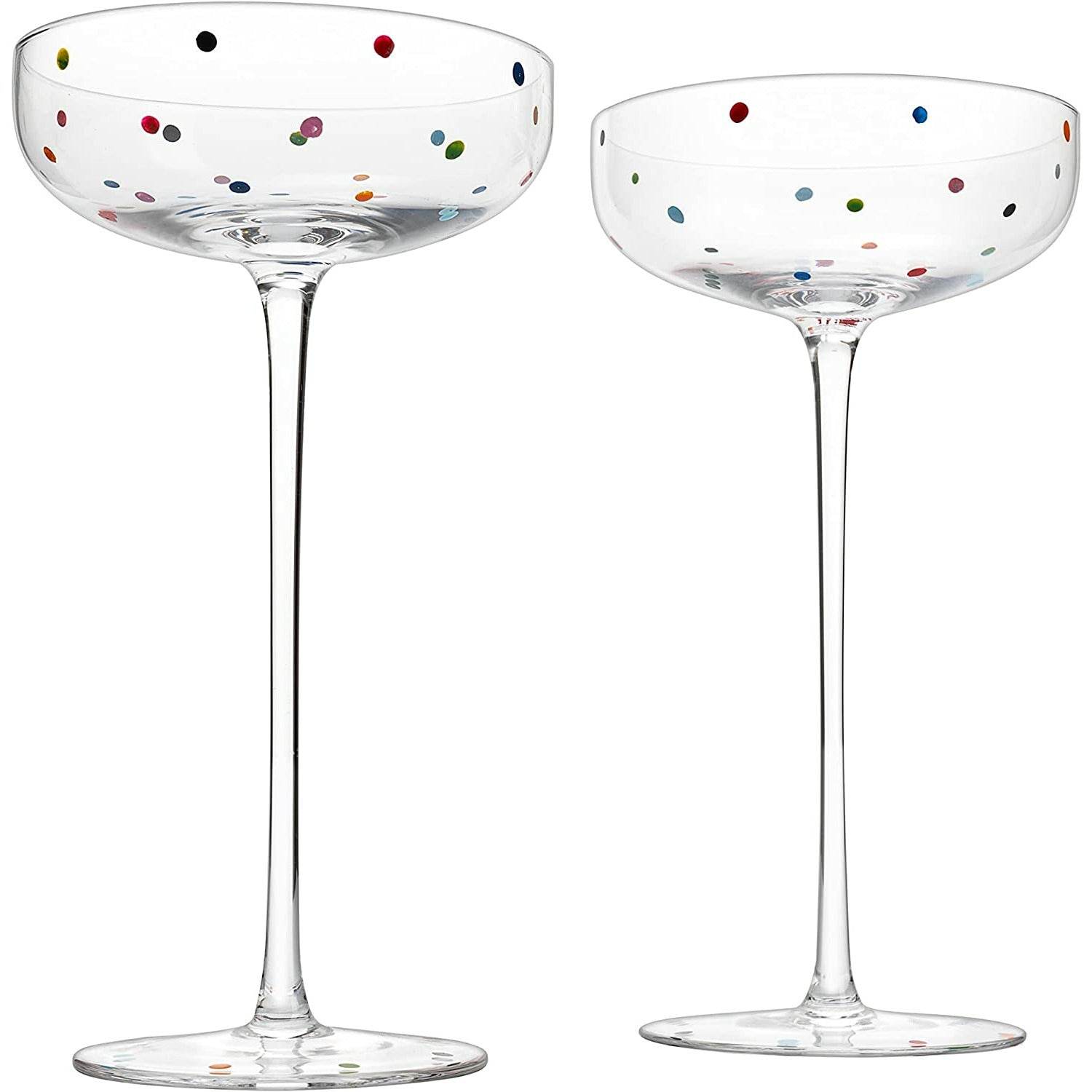 Polka Dot Champagne Coupe Glasses Set of 2 8.8 oz by The Wine Savant - Polka Dot Rainbow Colored Glasses, Cocktail Glassware, Polka Dot Gifts Damien Hirst, Gift Idea For Everyday, Weddings, Parties - Loft&Timber