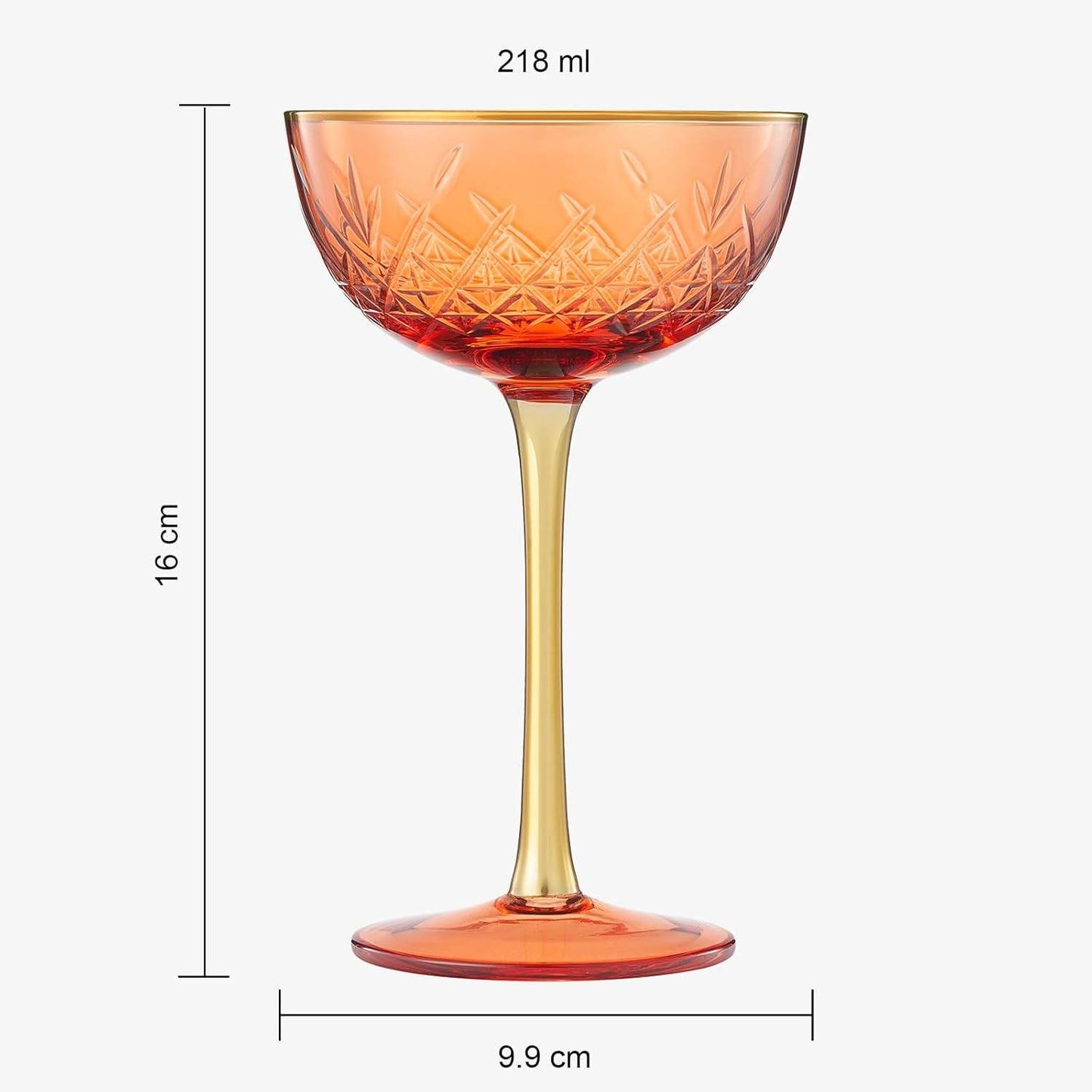 Vintage Art Deco Coupe for Champagne, Martini, Cocktails | Set of 2 | 7 oz Classic Cocktail Glassware - Manhattan, Cosmopolitan, Sidecar, Crystal Speakeasy Style Saucer Goblets with Stems (Orange Red) - Loft&Timber