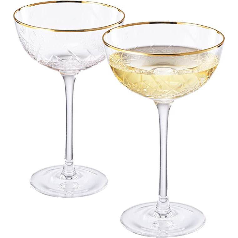 Vintage Art Deco Luxury Coupe Glasses, Cocktails, Martini, Margarita, In Premium Gift Box 24K Gold Rim | Set of 2 | 8 oz Classic Cocktail Glassware - Champagne, Manhattan, Cosmopolitan Crystal Goble - Loft&Timber