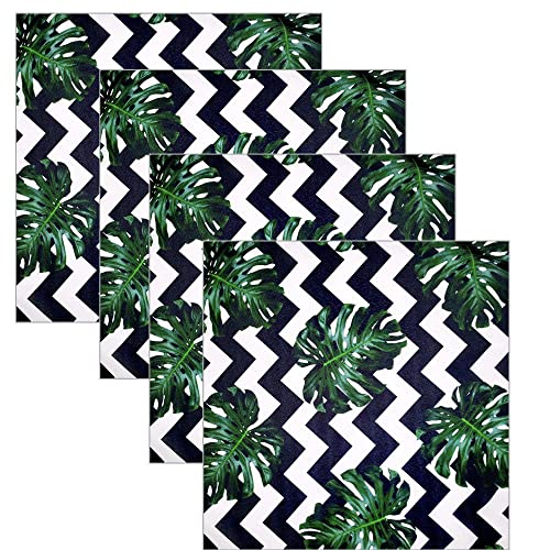 Charlo's Set of 4 Leaf Tropical Monstera Green Chevron Cloth Napkins 16" by 16" - Loft&Timber