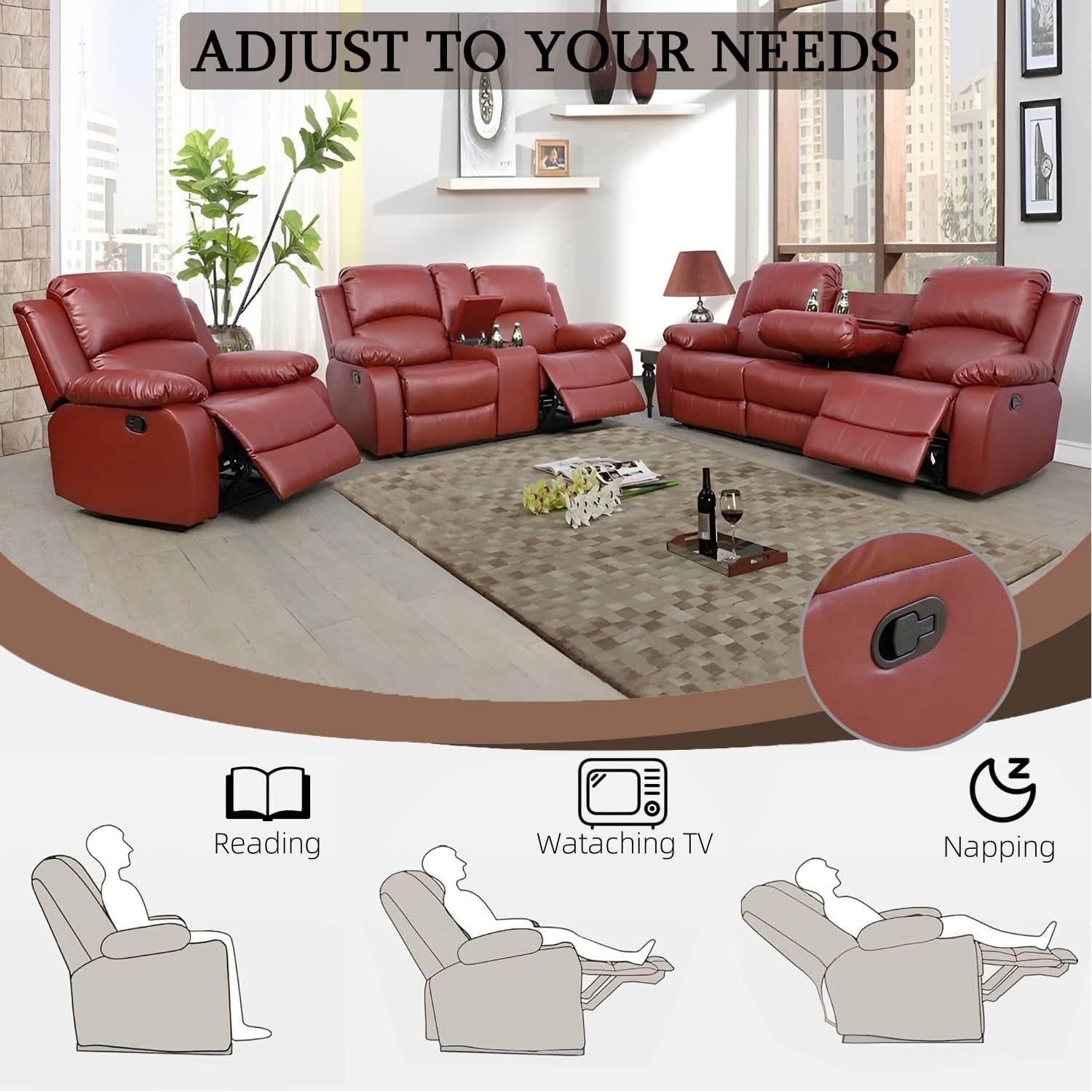 Leather Recliner Sofa Set, Red (Sofa Set 3 Pieces) - Loft&Timber