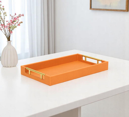 16" Orange And Gold Faux Shagreen Handmade Serving Tray With Handles - Loft&Timber
