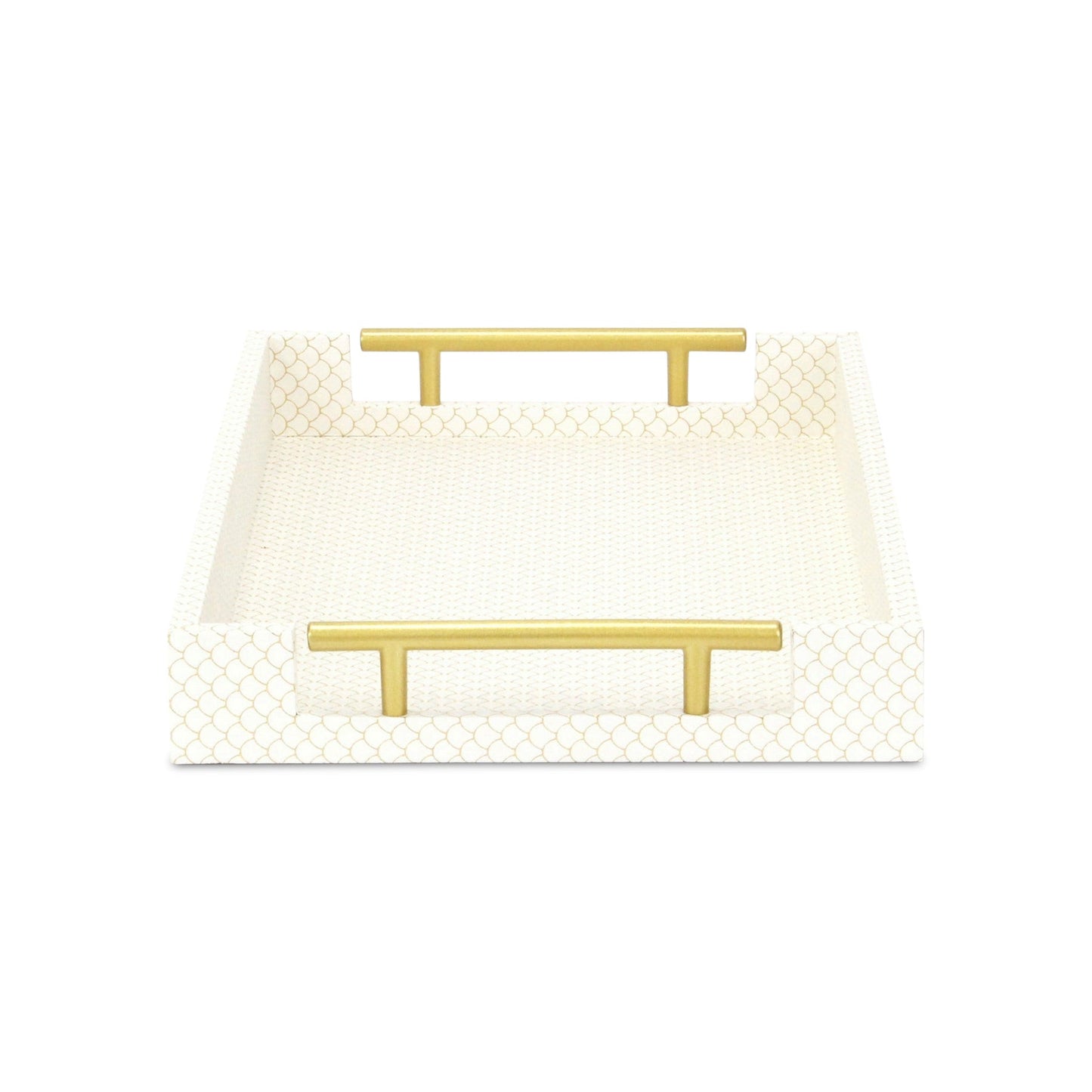 16" Ivory And Gold Geometric Print Handmade Serving Tray With Handles - Loft&Timber