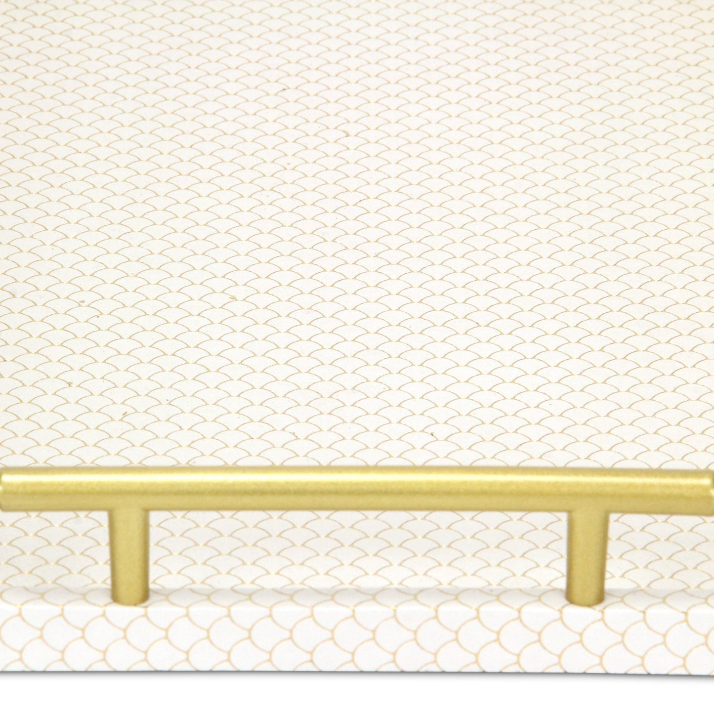 16" Ivory And Gold Geometric Print Handmade Serving Tray With Handles - Loft&Timber