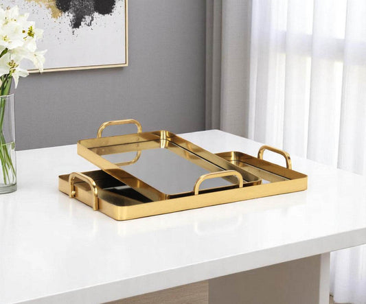 Set of Two Gold And Mirrored Glass Handmade Serving Trays - Loft&Timber