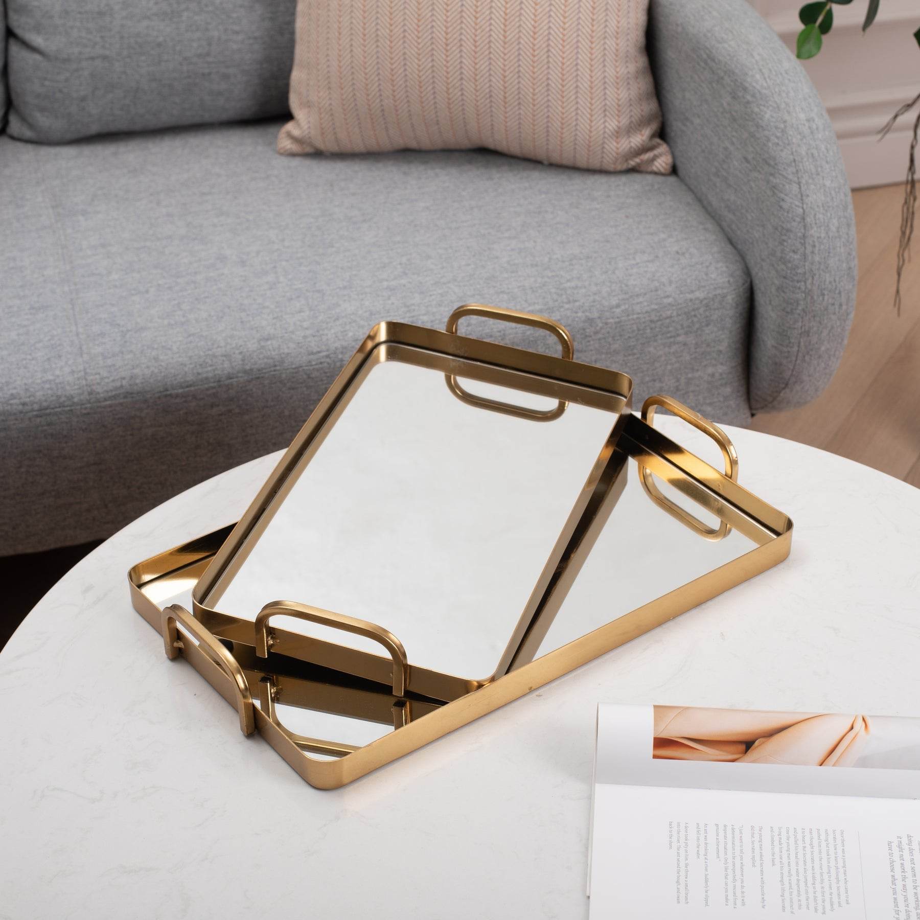 Set of Two Gold And Mirrored Glass Handmade Serving Trays - Loft&Timber