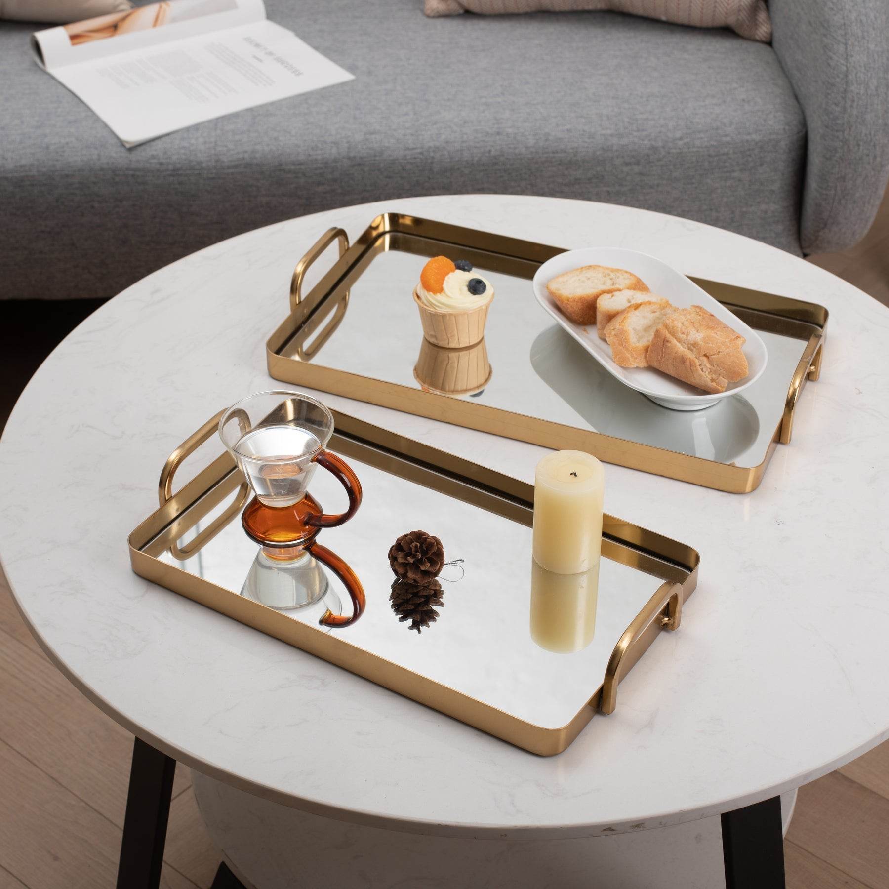 Set of Two Gold And Mirrored Glass Handmade Serving Trays - Loft&Timber