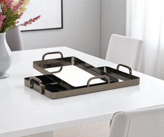 Set of Two Pewter Aluminum And Mirrored Glass Handmade Serving Trays - Loft&Timber
