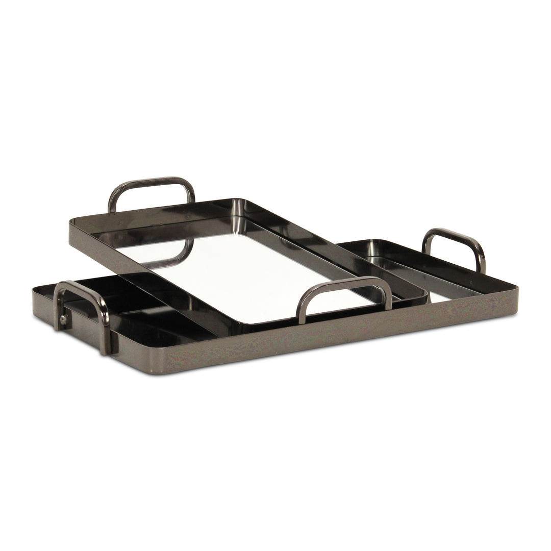 Set of Two Pewter Aluminum And Mirrored Glass Handmade Serving Trays - Loft&Timber