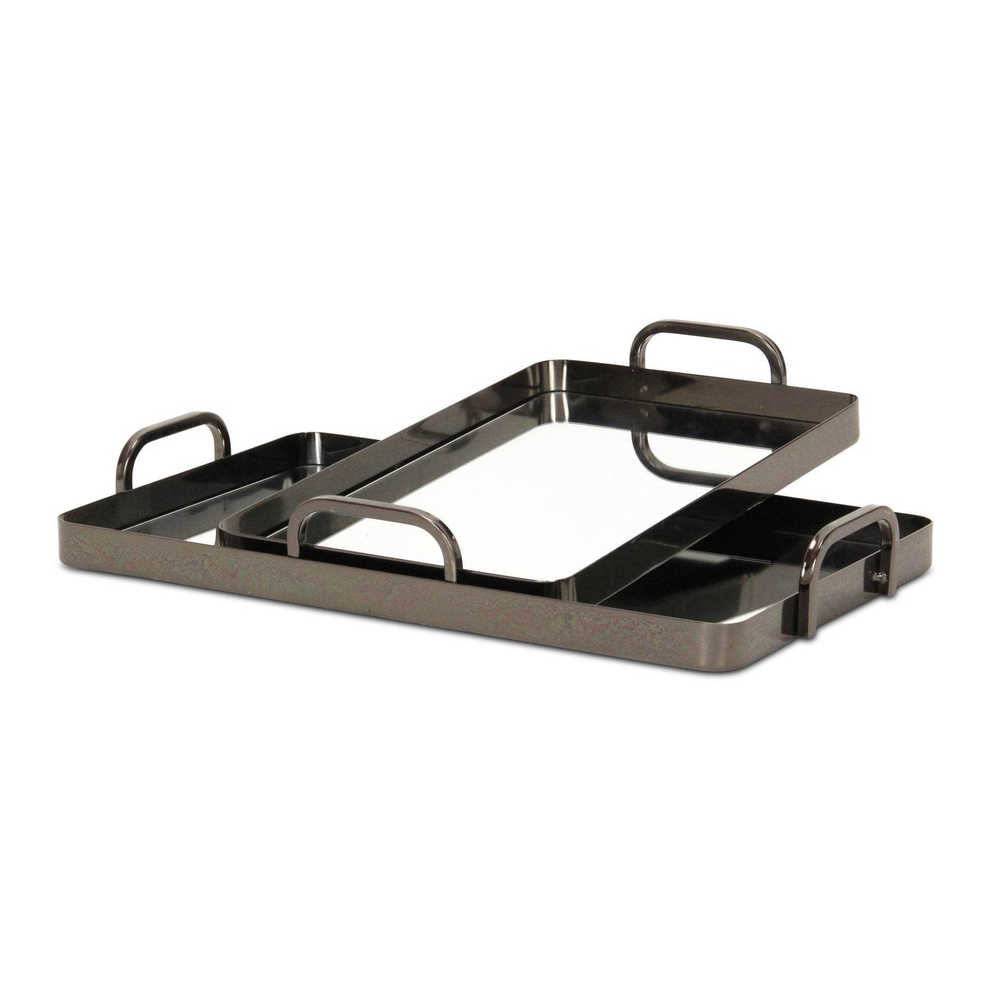 Set of Two Pewter Aluminum And Mirrored Glass Handmade Serving Trays - Loft&Timber