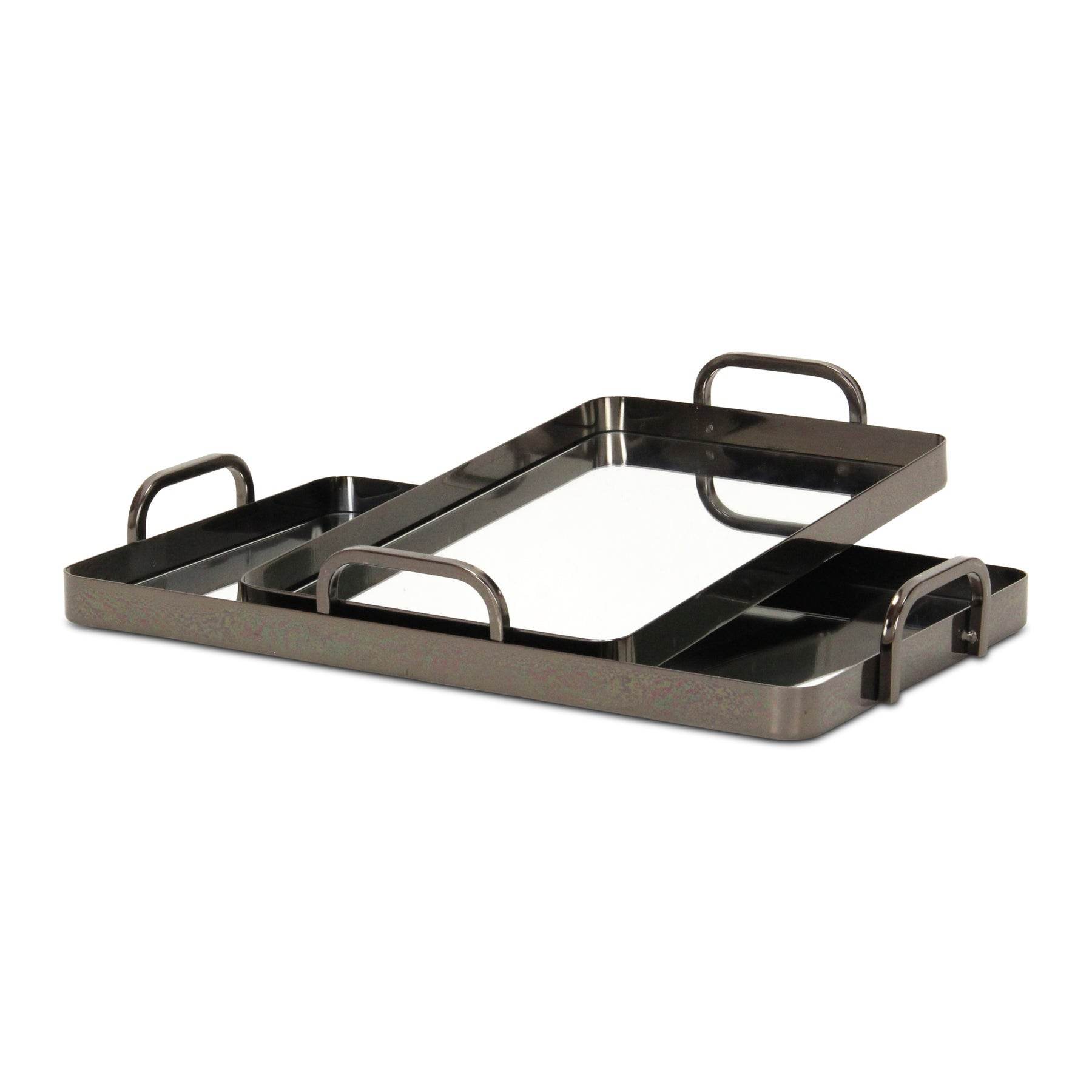 Set of Two Pewter Aluminum And Mirrored Glass Handmade Serving Trays - Loft&Timber